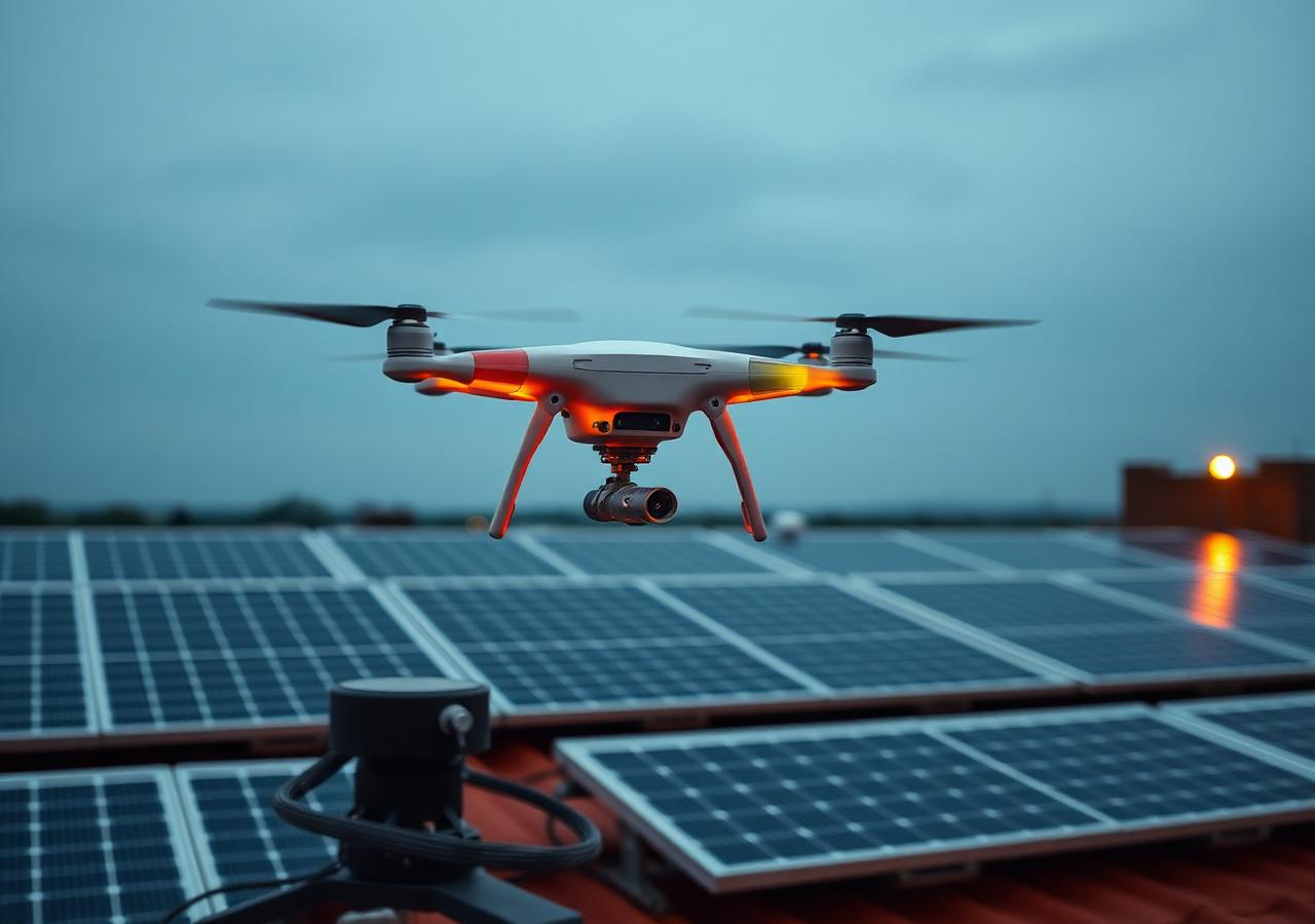 Inspektionsdrohne mit Wärmebildkamera über industrieller PV-Anlage