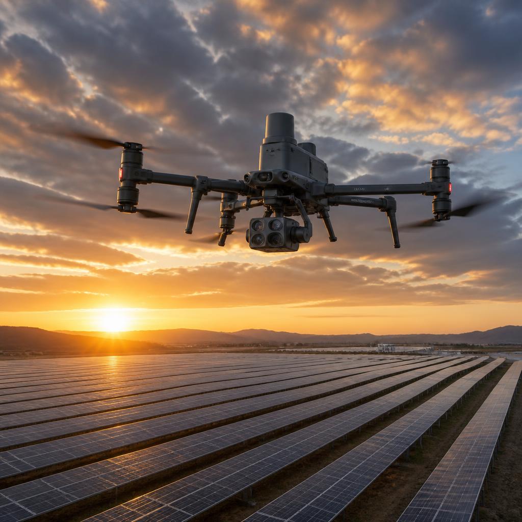 DJI Matrice 400 Drohne im Einsatz über PV-Freiflächenanlage
